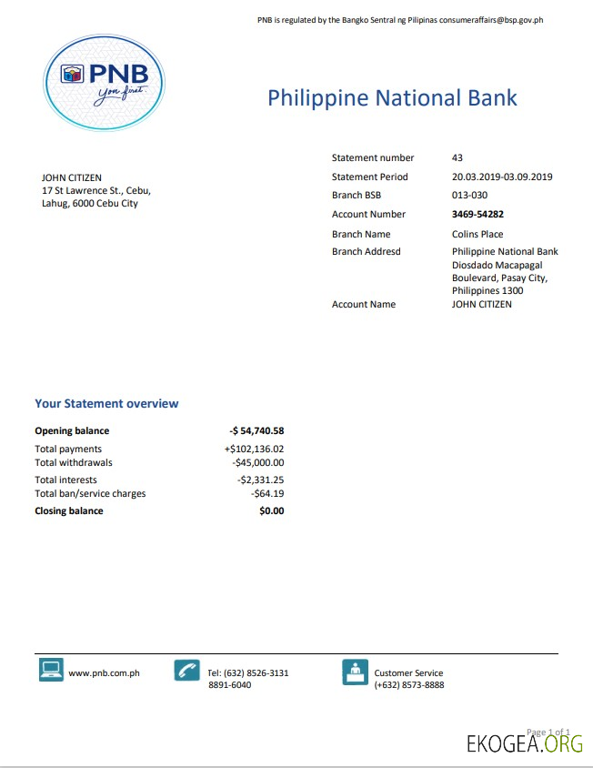 Modèle de relevé bancaire de preuve d'adresse de la Banque nationale des Philippines (PNB) au format Word et PDF